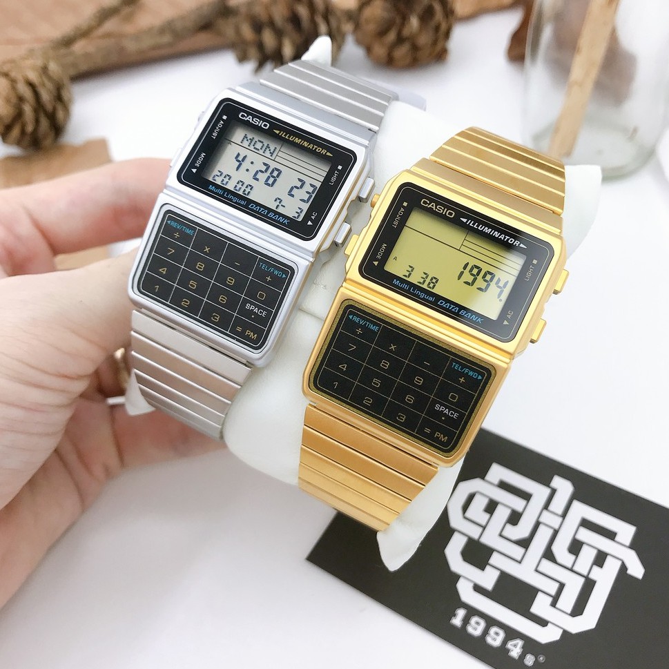Đồng hồ nam Casio DBC-611-1 / DBC-611G-1 Data Bank, máy tính 8 chữ số, dây thép không gỉ, size 33,1mm, hàng chính hãng