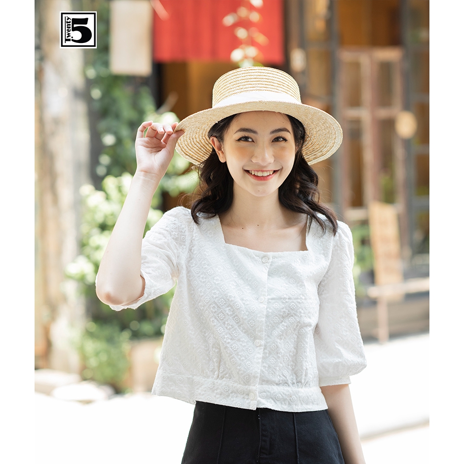 Áo kiểu nữ cổ vuông croptop họa tiết vân nổi Twentyfive N129