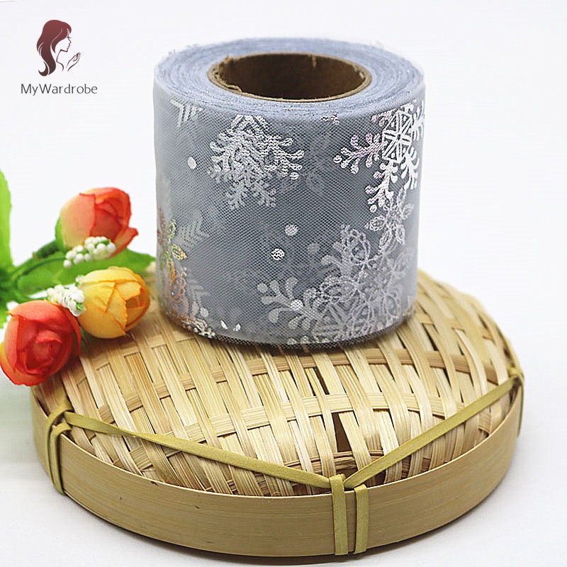 Cuộn Dây Ruy Băng Lưới 6cm 25 Yard Họa Tiết Bông Tuyết Lấp Lánh Làm Đồ Thủ Công Diy