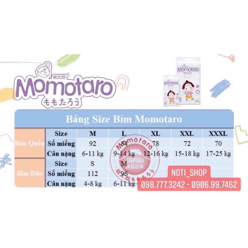 [HCM] Tã/Bỉm dán/Quần Momotaro chính hãng Nhật Bản (Đủ size S112/M92/L84/XL78/XXL72/XXXL70)