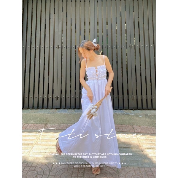 Váy 2 dây nhún ngực DOLLY DRESS Màu trắng đi biển