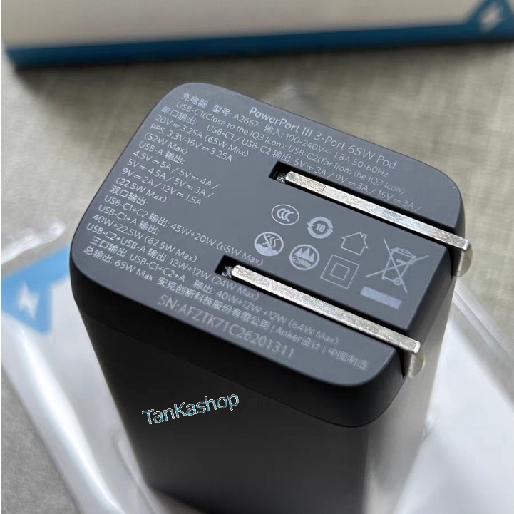 Củ Sạc Anker PowerPort Nano II 65w A2667 2C 1A Sạc nhanh PD PPS IQ Cho Điện Thoại Máy Tính Laptop