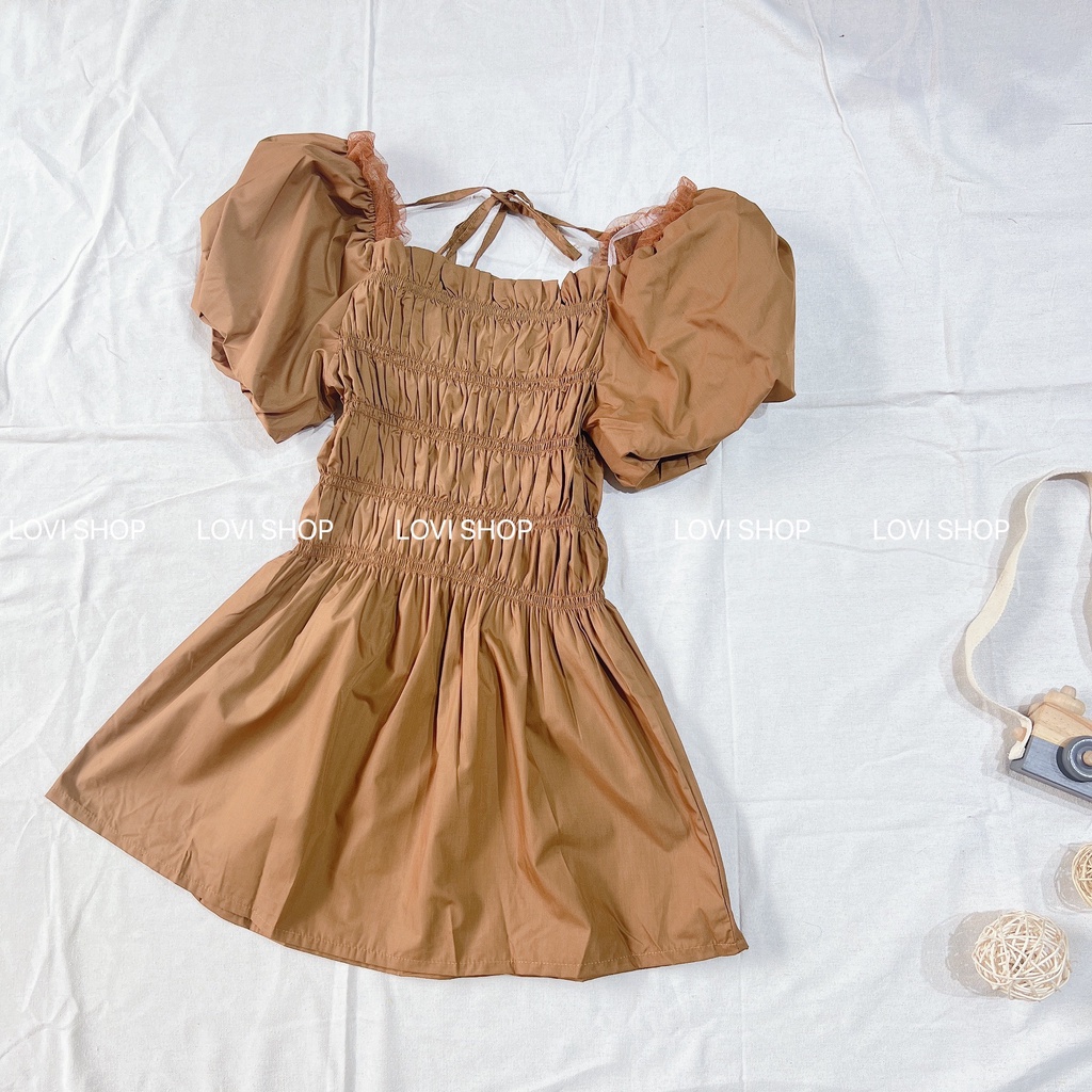 LOVI SHOP- Áo kiểu nữ ngắn tay nhún ngực bẹt vai tay phồng cổ vuông