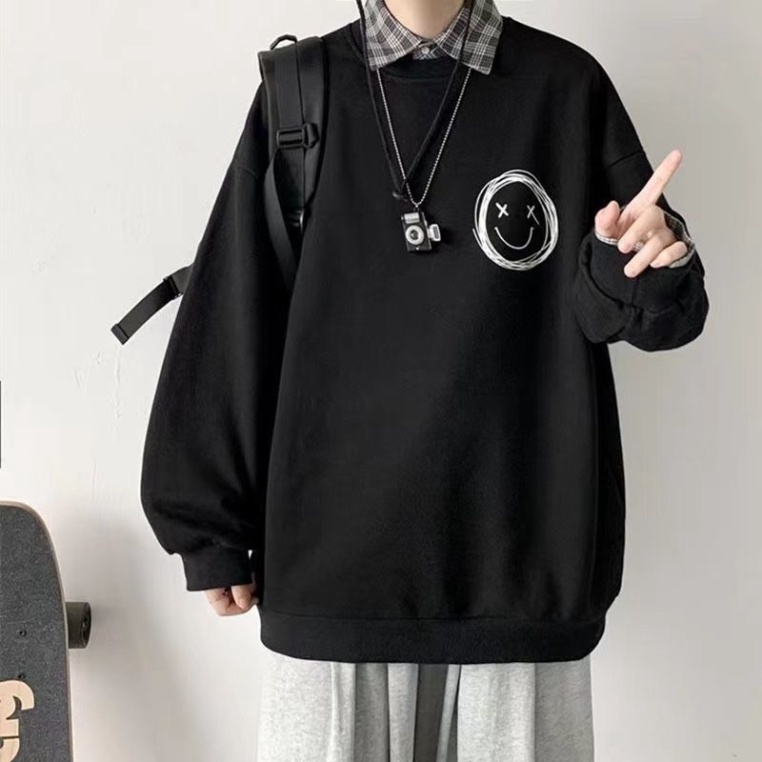 Áo Sweater Nỉ Bông Trơn Hình icon Mặt Cười Form Rộng Unisex