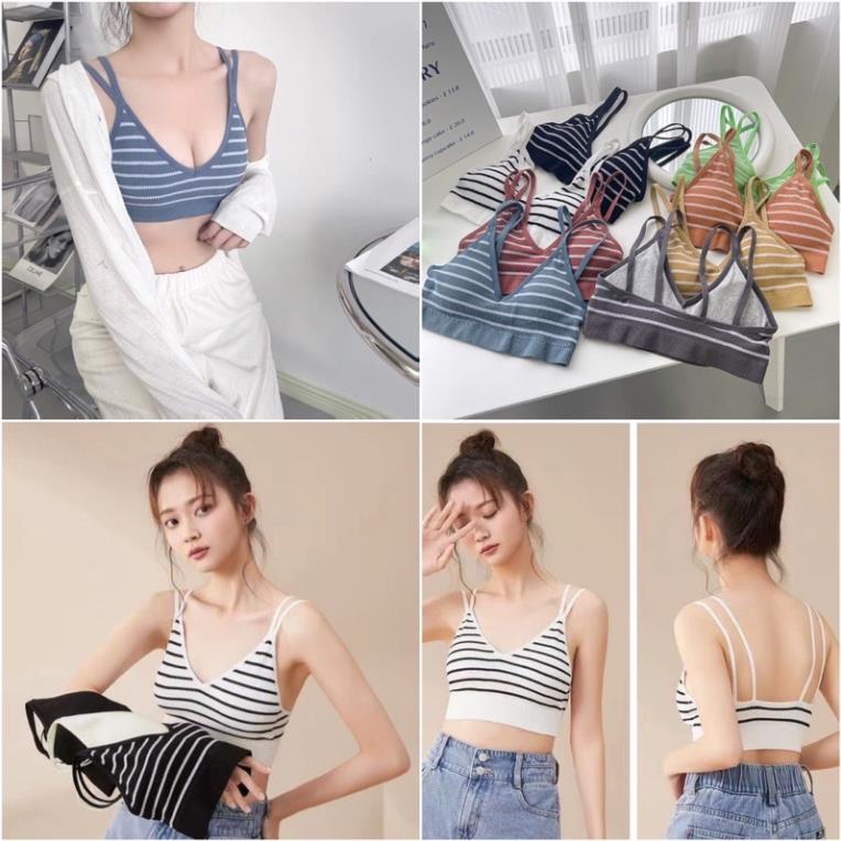 Áo Bra Kẻ Nữ Softie Dây Kép Dáng Lửng Có Đệm Ngực Trend Mới 598