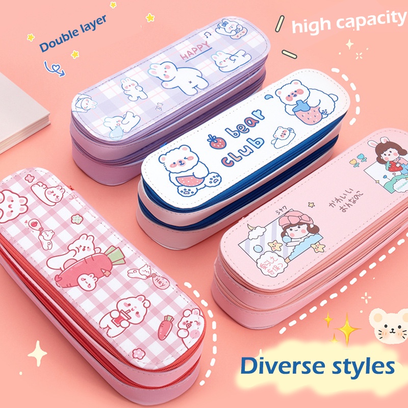 Túi Đựng Bút Hai Ngăn Sức Chứa Lớn Màu Hồng Dễ Thương Sáng Tạo Dành Cho Nữ Sinh