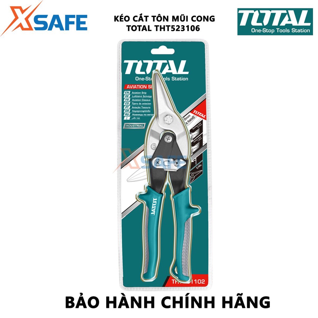 Kéo cắt tôn mũi cong phải TOTAL THT523106 Kéo cắt tole chiều dài 250mm(10''), thép carbon không gỉ, tay bọc cao su êm ái