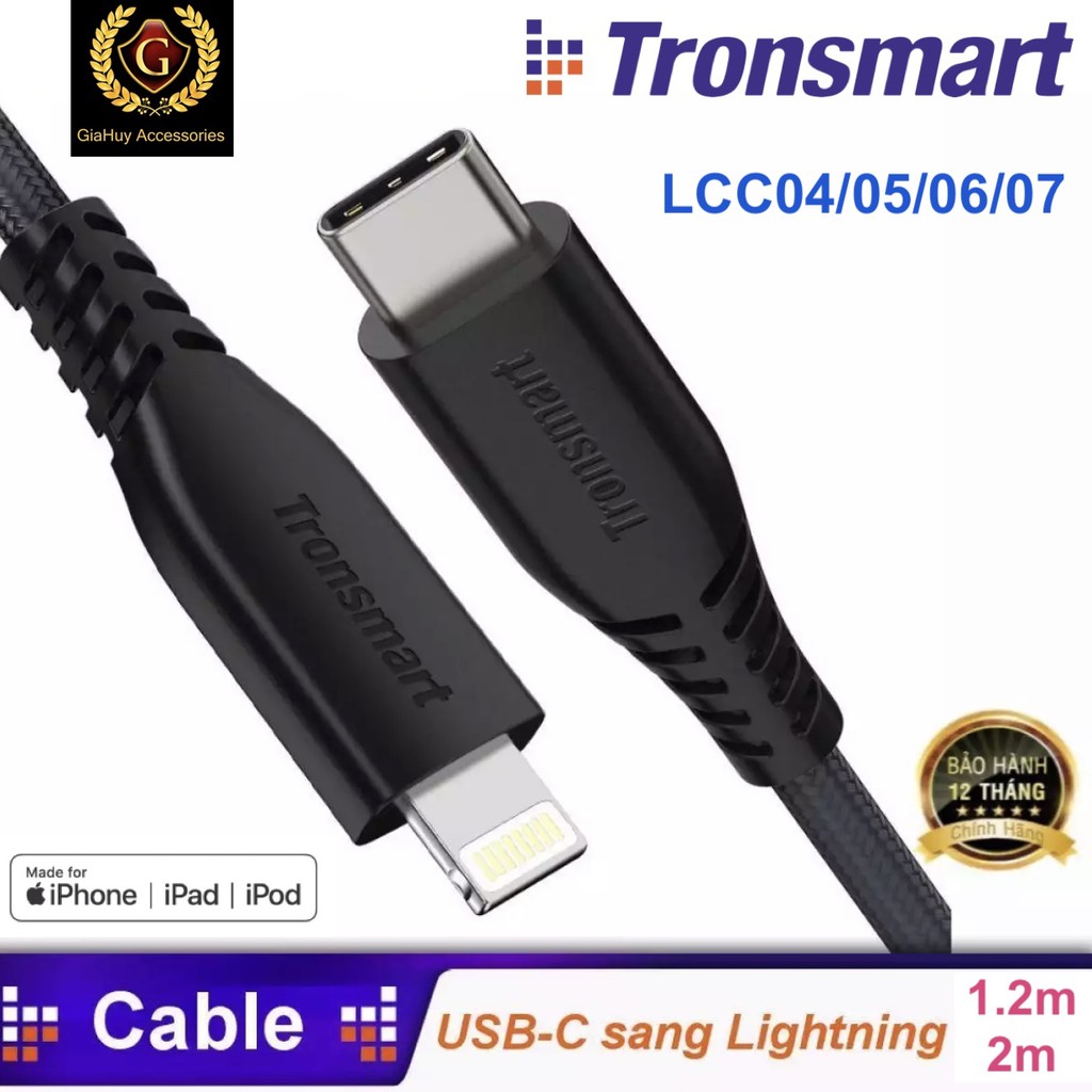 Cáp bện nylon sạc nhanh iPhone 12, iPad Pro 2017 TRONSMART USB-C ra Lightning LCC0 chuẩn MFi dài 1.2m & 2m