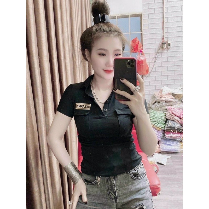 Áo cổ bẻ hình thật , Áo cổ trụ chất vải birip,áo cổ bẻ nữ,áo thun nữ cổ bẻ phối cúc