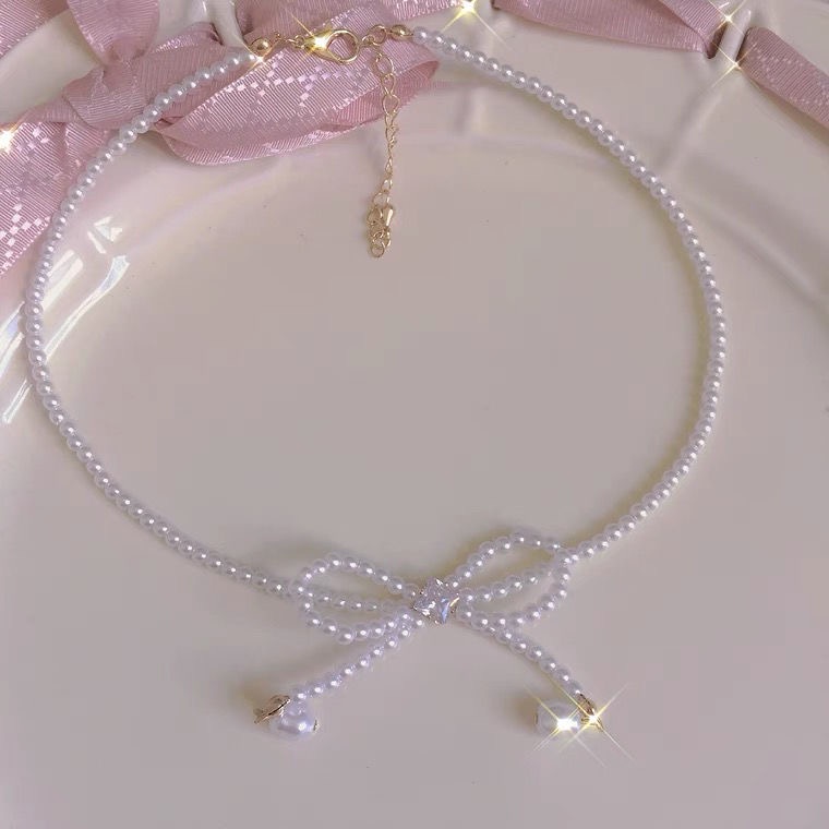 Vòng Cổ Choker Thắt Nơ Đính Ngọc Trai Nhân Tạo Thời Trang