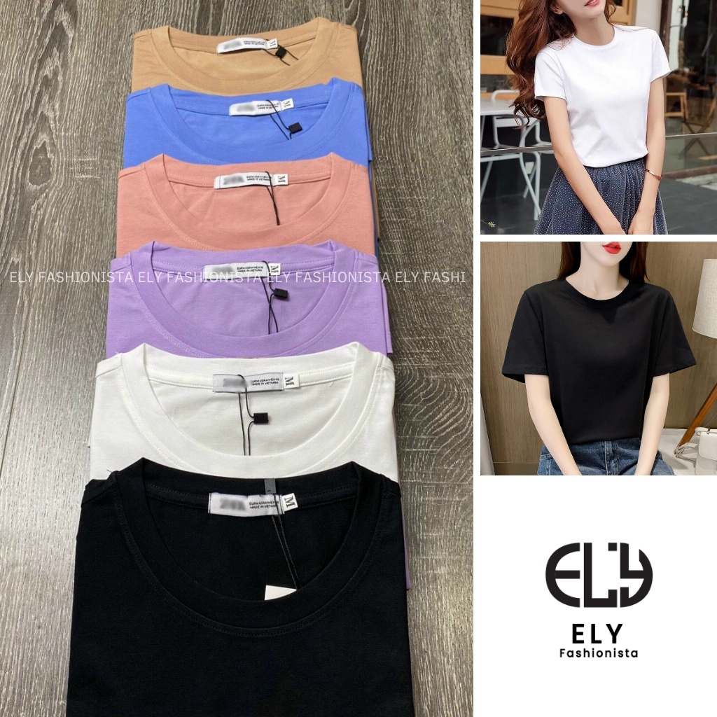 Áo thun nữ trơn cổ tròn tay ngắn dáng suông đen trắng ELY cao cấp,áo phông nữ cộc tay cotton basic chất vải đẹp ELY207R