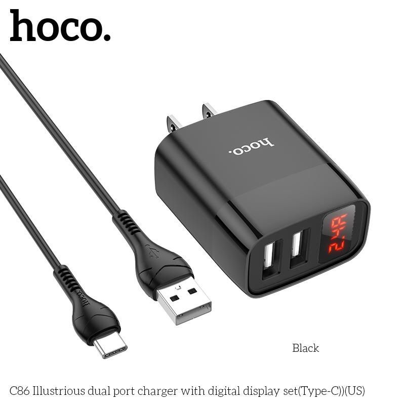 Bộ Sạc Type-C Hoco C86 Cho Samsung, Xiaomi, Oppo,... Bộ Sạc 2 Cổng Có Đèn, Sạc Nhanh MAX 2.4A [CHÍNH HÃNG]