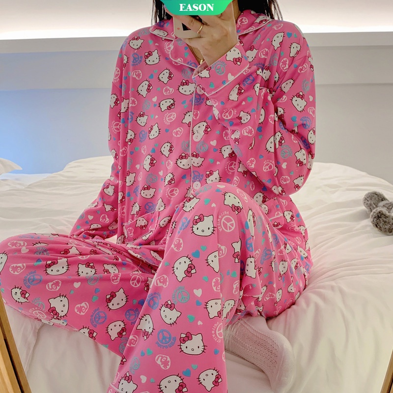 Bộ Đồ Ngủ Dài Tay Cỡ Lớn In Hình Hello Kitty Dành Cho Nữ
