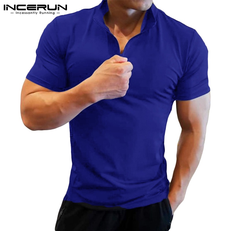 Áo INCERUN tay ngắn cổ bẻ có khóa kéo 3 màu tùy chọn thời trang cho nam