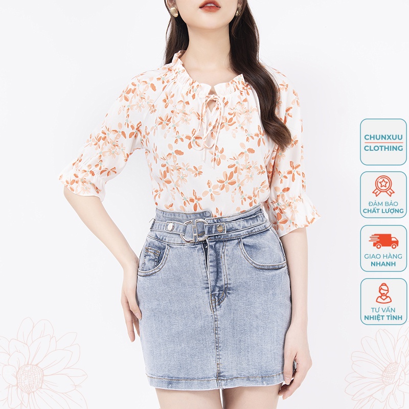 Áo kiểu nữ tay lỡ phong cách công sở Chunxuu thiết kế cổ bèo phối hoa nhí màu sắc tươi sáng trẻ trung - XU15