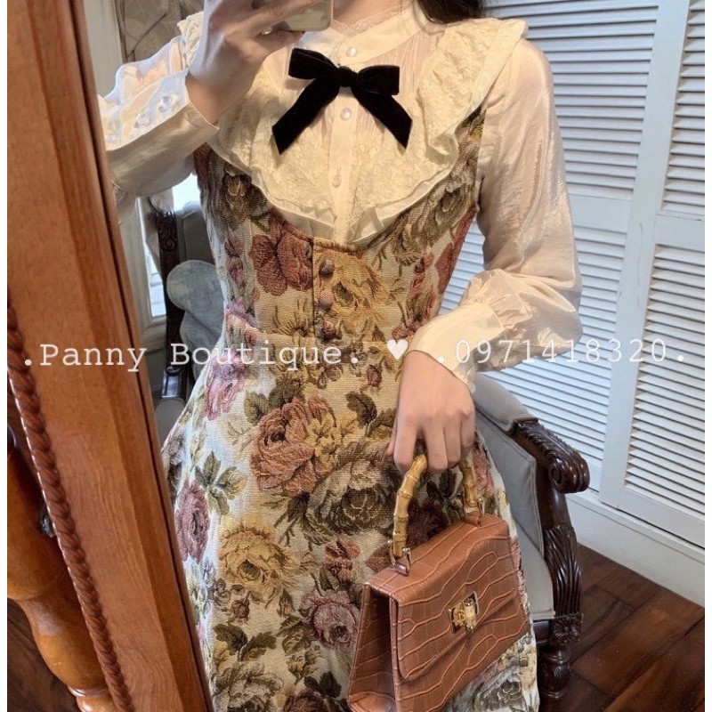 Set đầm yếm hoa kèm áo sơmi+nơ nhung vintage, style ulzzang Hàn Quốc 🌻 Panny Boutique 🌻