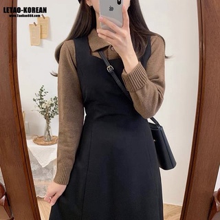 ORDER Set váy yếm áo len nâu