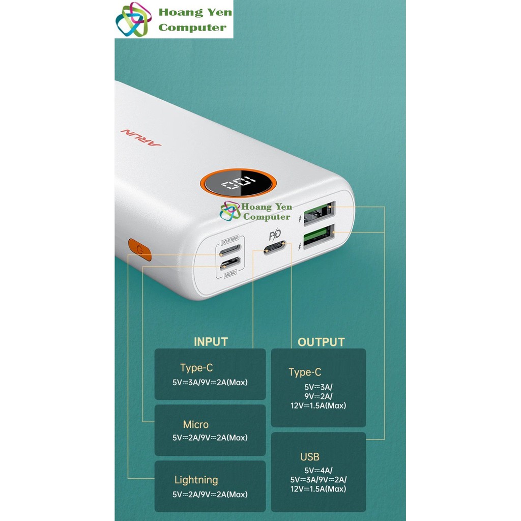 Sạc Dự Phòng Arun FC20P 20000mAh (PD18W QC3.0) Sạc Nhanh 2 Chiều Type C - BH 1 Năm - Hoàng Yến Computer