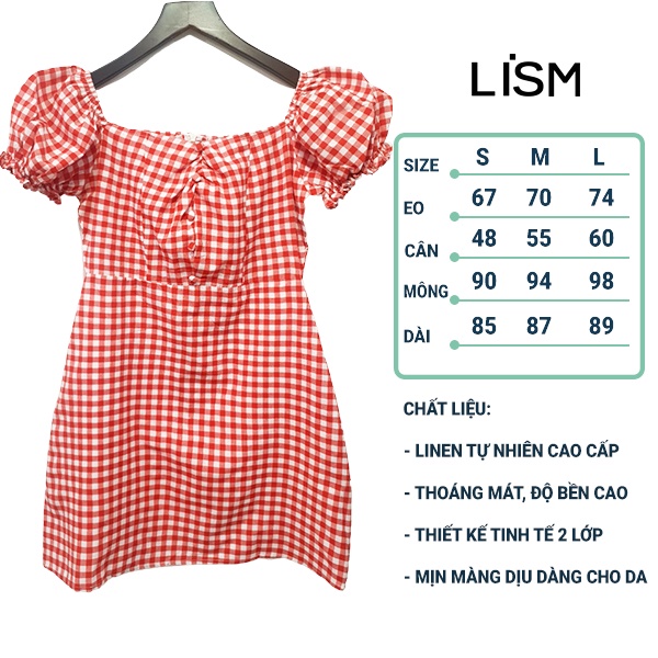 Váy caro đỏ đầm tết cổ vuông tay phồng thiết kế bánh bèo tiểu thư vintage | BigBuy360 - bigbuy360.vn