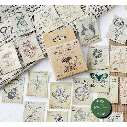 Bộ 46 sticker vintage - tem thư hình thực vật little forest post office