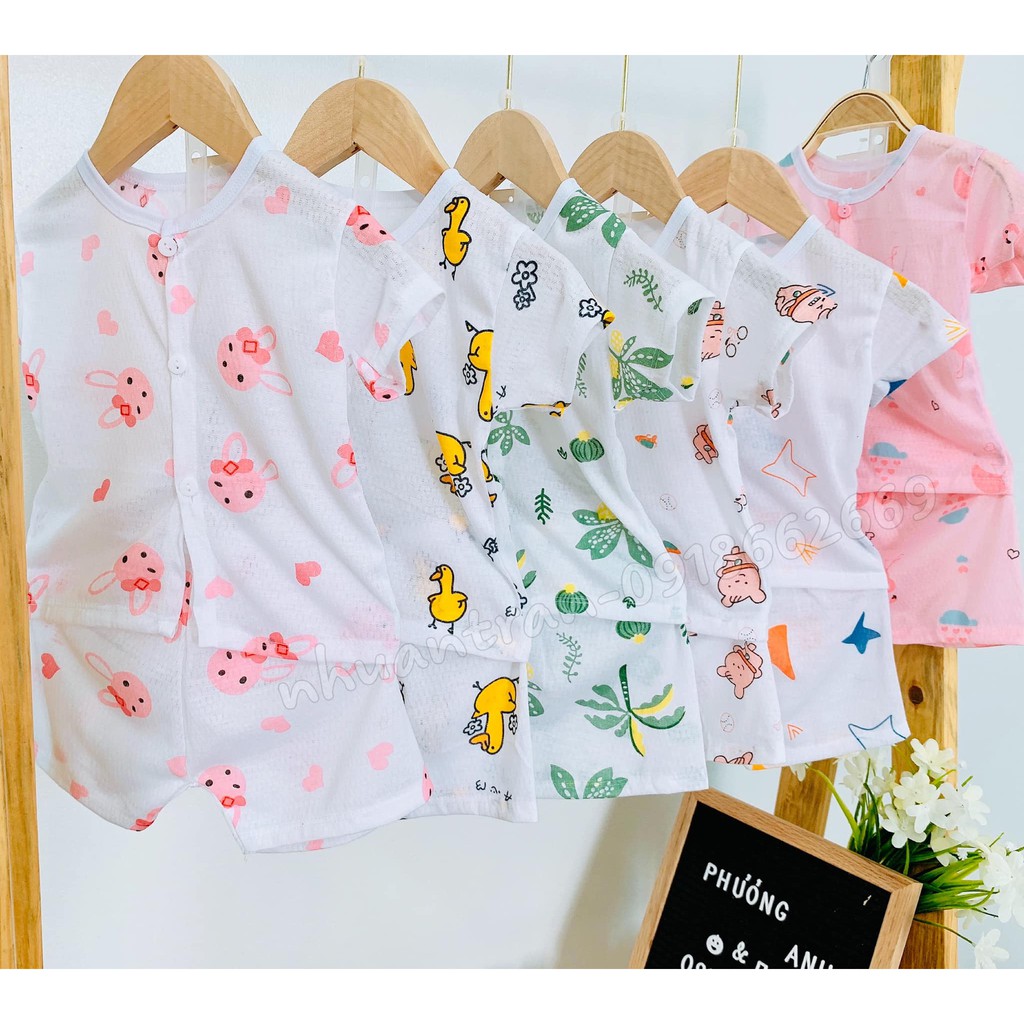 Bộ cộc tay chui/ cài khuy vải cotton giấy thông hơi loại 1 size 3-14kg