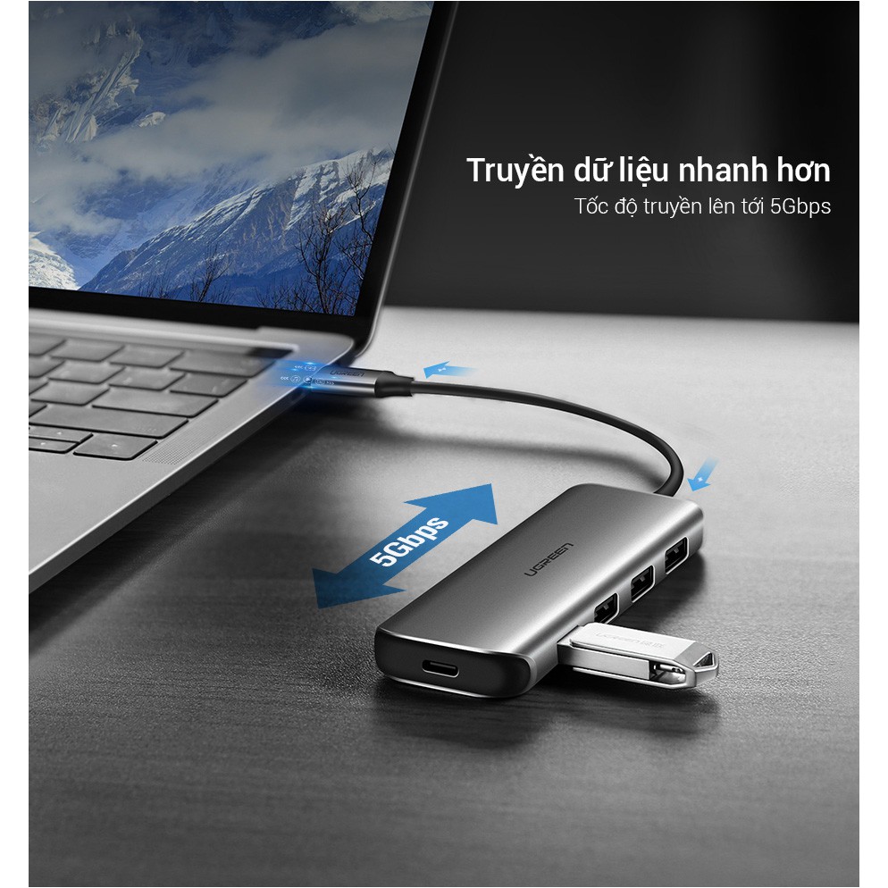 Hub type C 4 cổng USB 3.0 kết nối đa năng, sạc laptop, chuột, bàn phím, thiết bị ngoại vi UGREEN 50312
