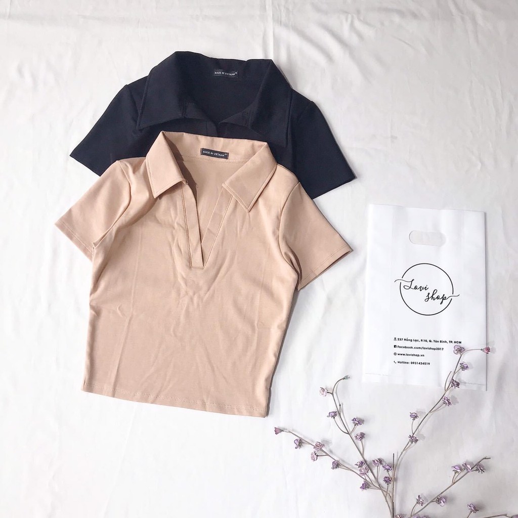 Áo thun croptop cổ bẻ tay ngắn Lovi