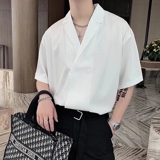 Áo Sơ Mi Polo Tay Ngắn Dáng Rộng Màu Trơn Thời Trang Mùa Hè Phong Cách Hàn Quốc Cho Nam Giới