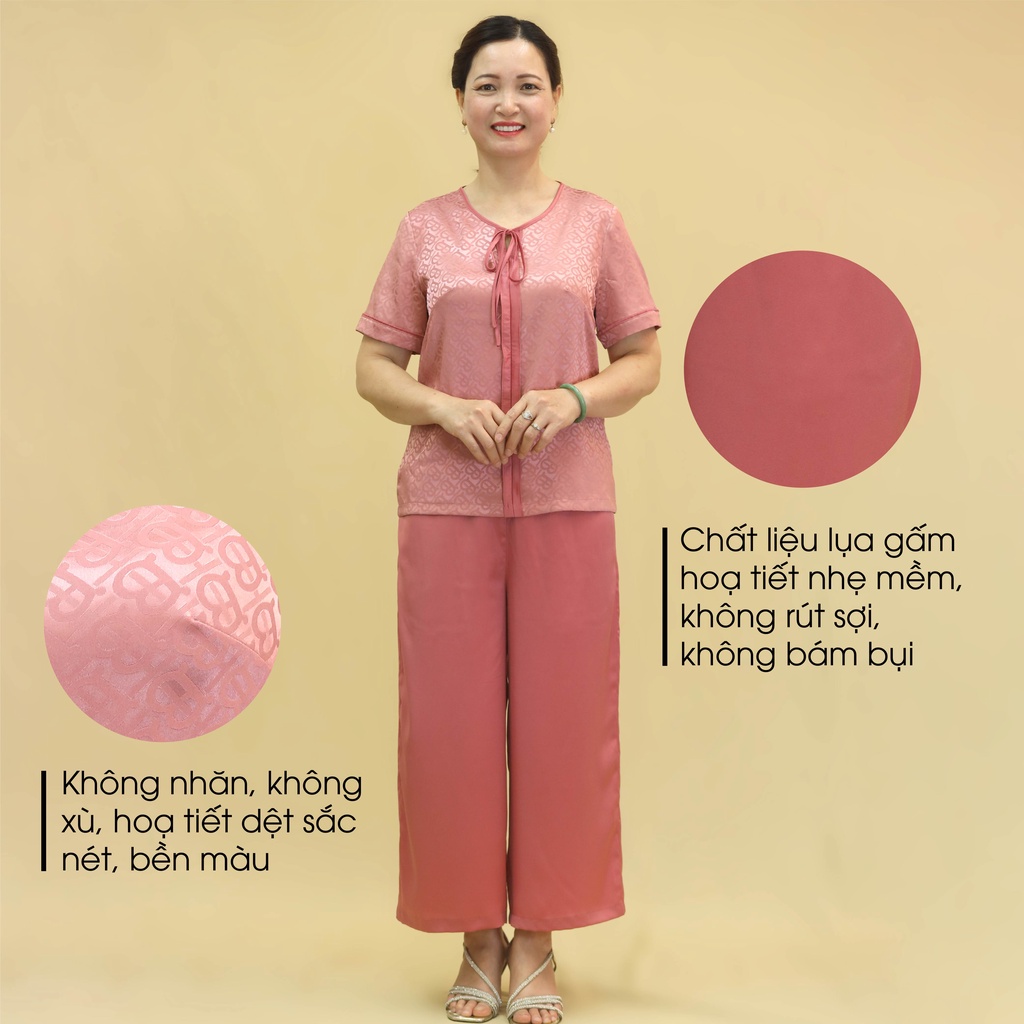 Đồ Bộ Trung Niên Nữ Lụa Họa Tiết Cao Cấp ANCHI B30 Hồng, Set Đồ Mặc Nhà Quà Tặng Cho Mẹ