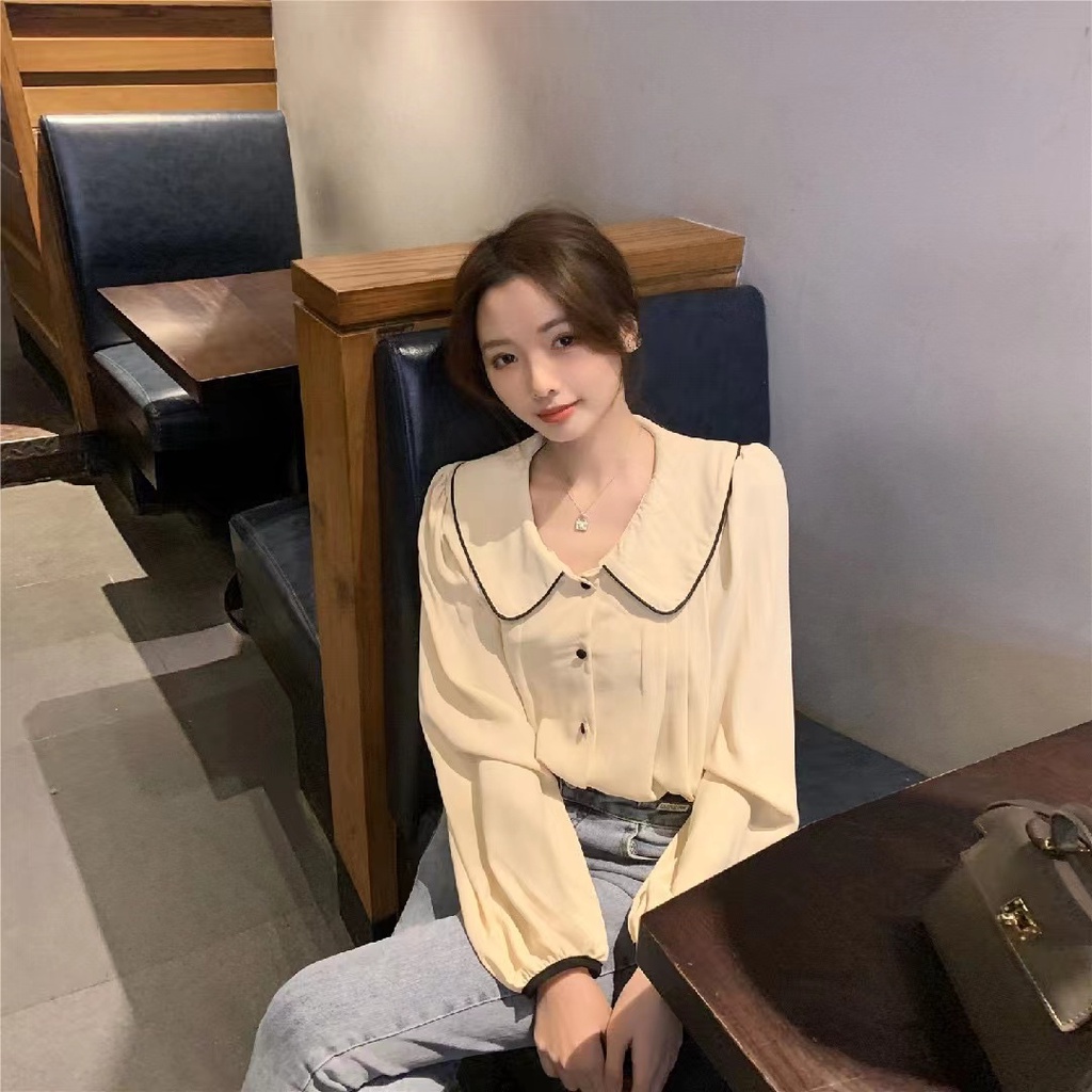 Áo Sơ Mi Tay Dài Cổ Búp Bê Xếp Ly Một Hàng Nút Đơn Giản Sang Trọng Hàn