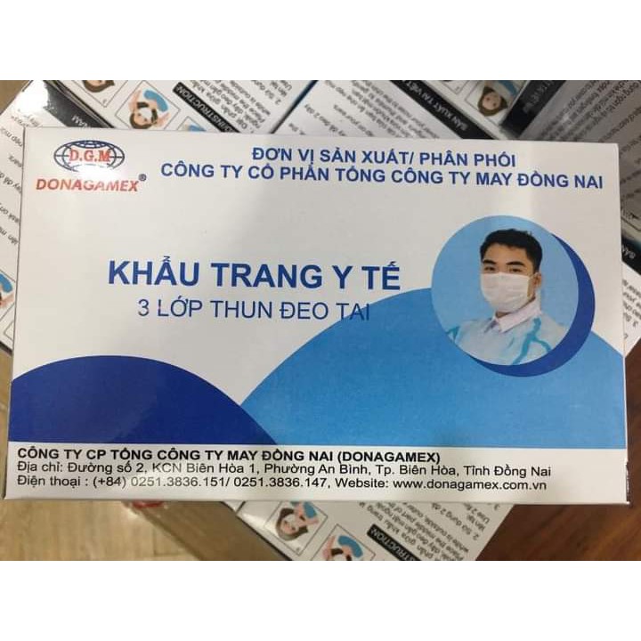 Khẩu trang y tế 3 lớp kháng khuẩn công ty DONAGAMEX, 50 cái/hộp. Được Bộ y tế chứng nhận tiêu chuẩn chất lượng.