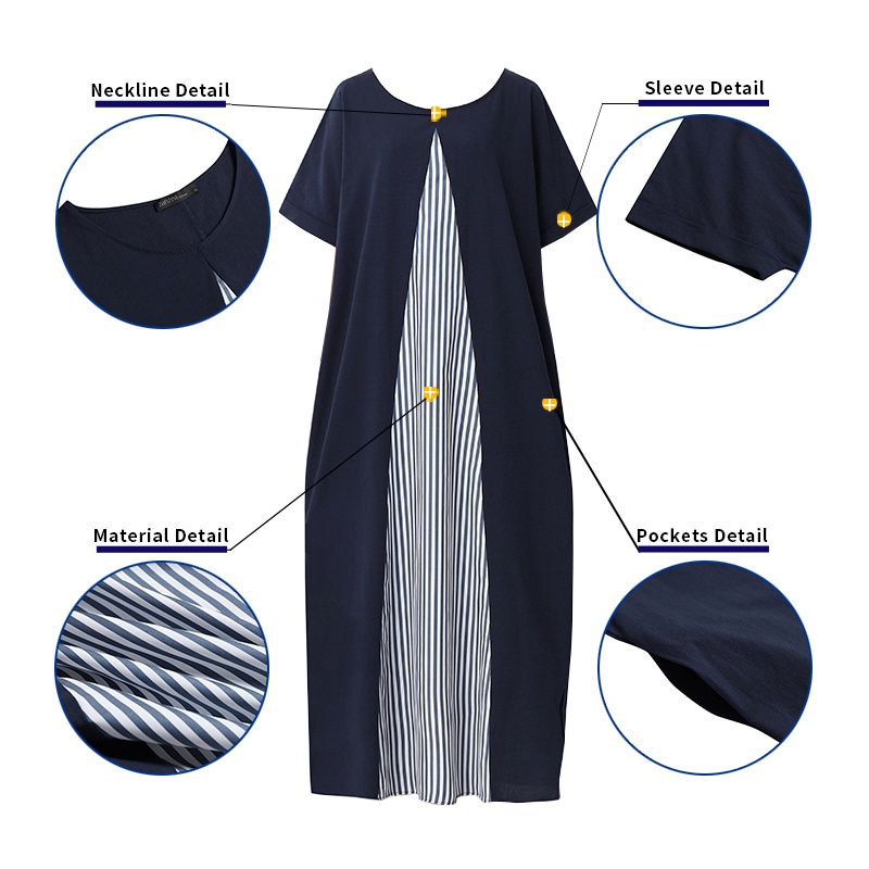 Đầm maxi Zanzea bằng cotton tay ngắn cổ tròn in họa tiết kẻ sọc thời trang Hàn Quốc sành điệu cho nữ