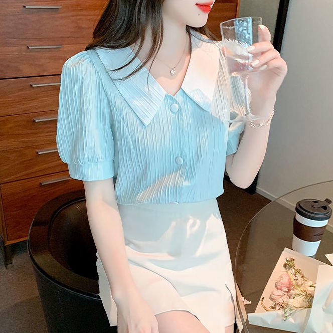 Áo Sơ Mi Tay Ngắn Phồng Cổ Bẻ Thời Trang Mùa Hè Phong Cách Mới Cho Nữ