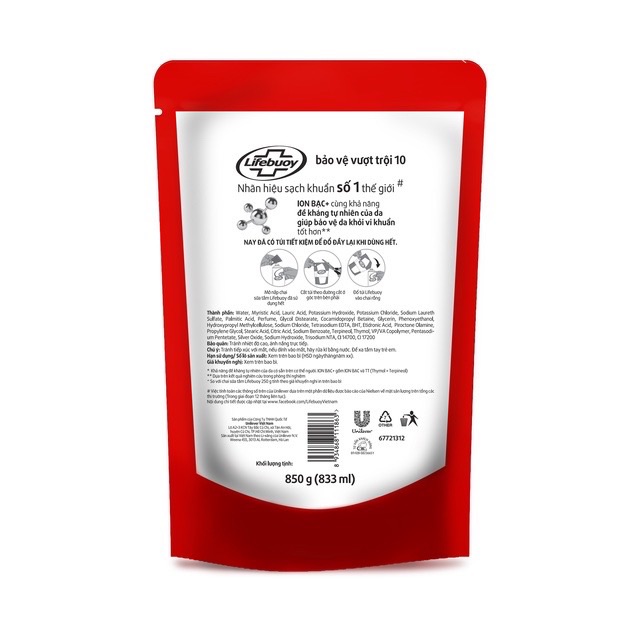 Sữa tắm Lifebuoy Bảo vệ khỏi vi khuẩn 850gr (Túi) | BigBuy360 - bigbuy360.vn
