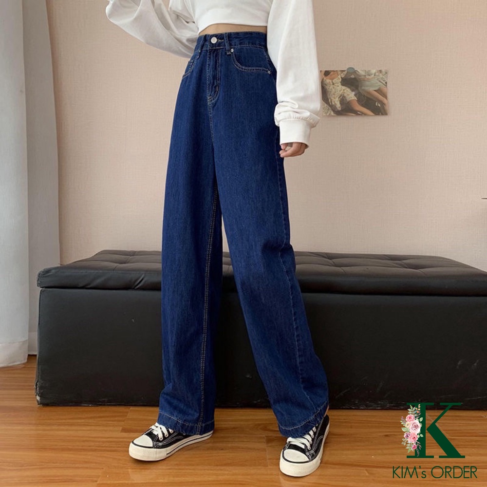 Quần Jean Nữ Cạp Cao Màu Xanh Than Denim Ống Suông Dài Dáng Rộng Phong Cách Ulzzang Chất Liệu Dày Dặn Loại 1 Co Dãn Nhẹ