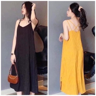 Đầm váy freesize 2 dây suông xẻ tà 2 màu
