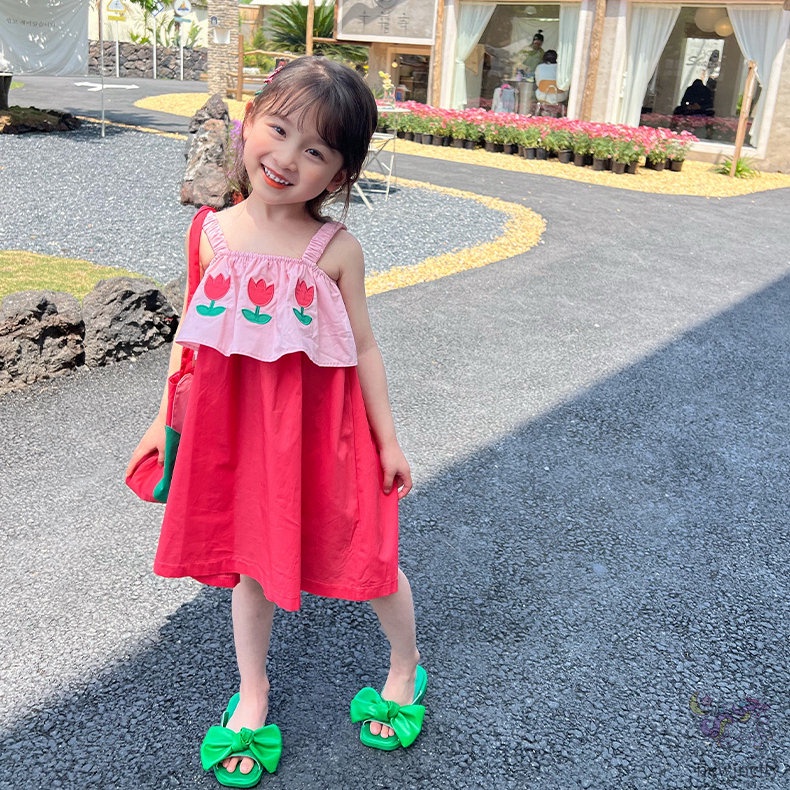 Đầm Hai Dây In Hoa Phong Cách Hàn Quốc Cho Bé Gái