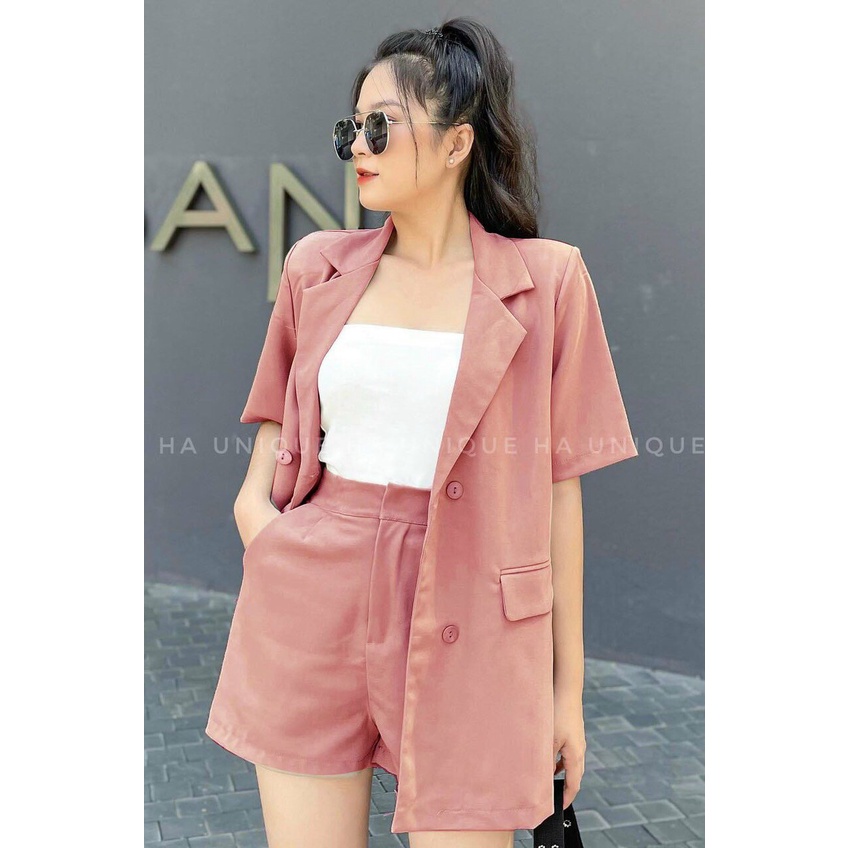 Đồ bộ nữ dễ thương, set đồ nữ sang chảnh cá tính đi chơi siêu đẹp với quần short ngắn kèm áo ngoài giả vest phối lót đẹp