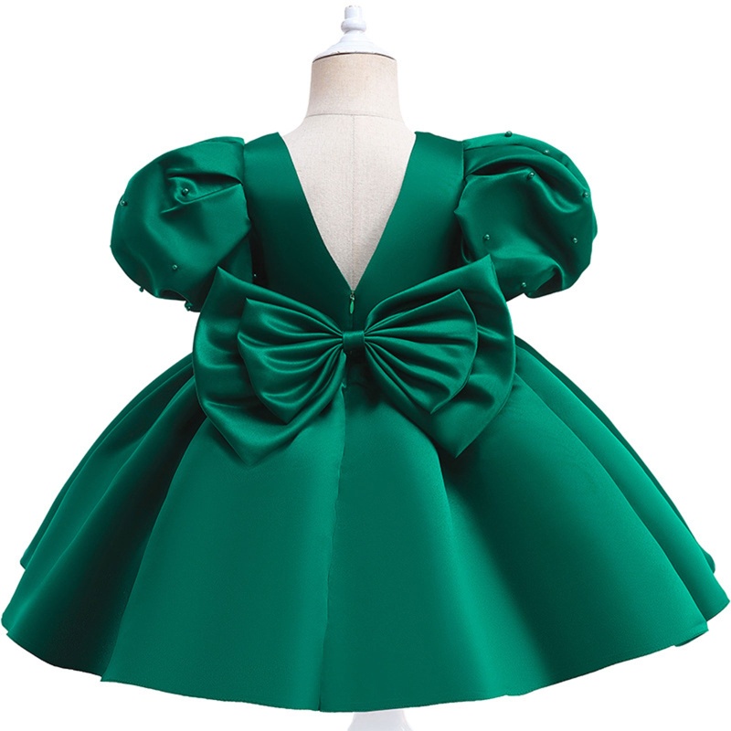 Đầm Công Chúa Satin Cổ Tròn Tay Ngắn Phồng Đính Hạt Ngọc Trai Giả Thắt Nơ Sau Lưng Cho Bé Gái