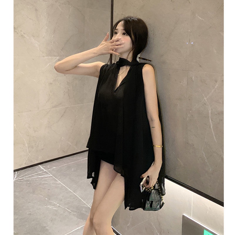 Áo cột dây ruy băng thời trang hè cổ V kiểu Pháp không tay dành cho nữ 2024