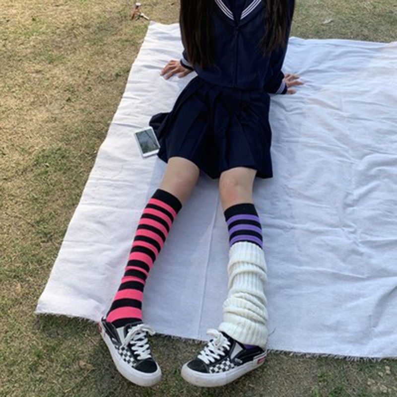 tất ống giữa sọc mùa hè cho học sinh vớ vằn màu tím bằng vải bông dài đến đầu gối nữ jk cosplay Nhật Bản