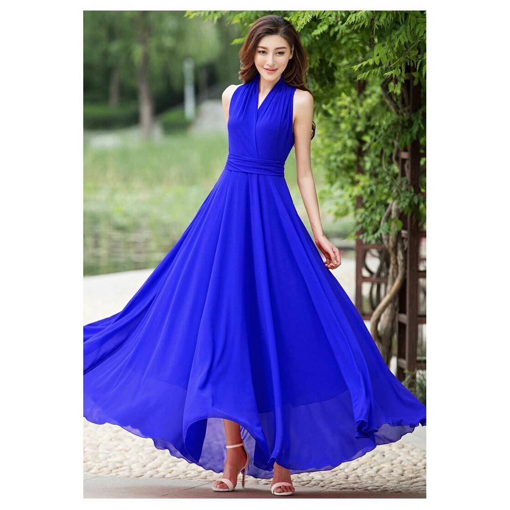 ĐẦM MAXI DÀI CỔ V SANG TRỌNG Chất: chiffon lót thun Màu: xanh coban, đỏ đô Kiểu dáng: đầm xoè dài cổ v, eo xếp li cách đ