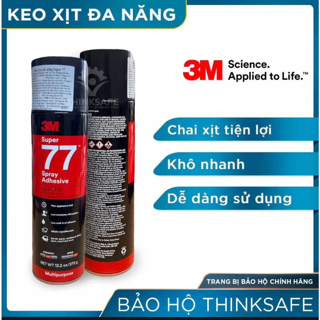 Keo Phun Xịt Đa Năng 3M Super 77 Spray Adhesive 375g . Keo cực kỳ linh hoạt, khô nhanh, trong suốt,khả năng kết dính tốt