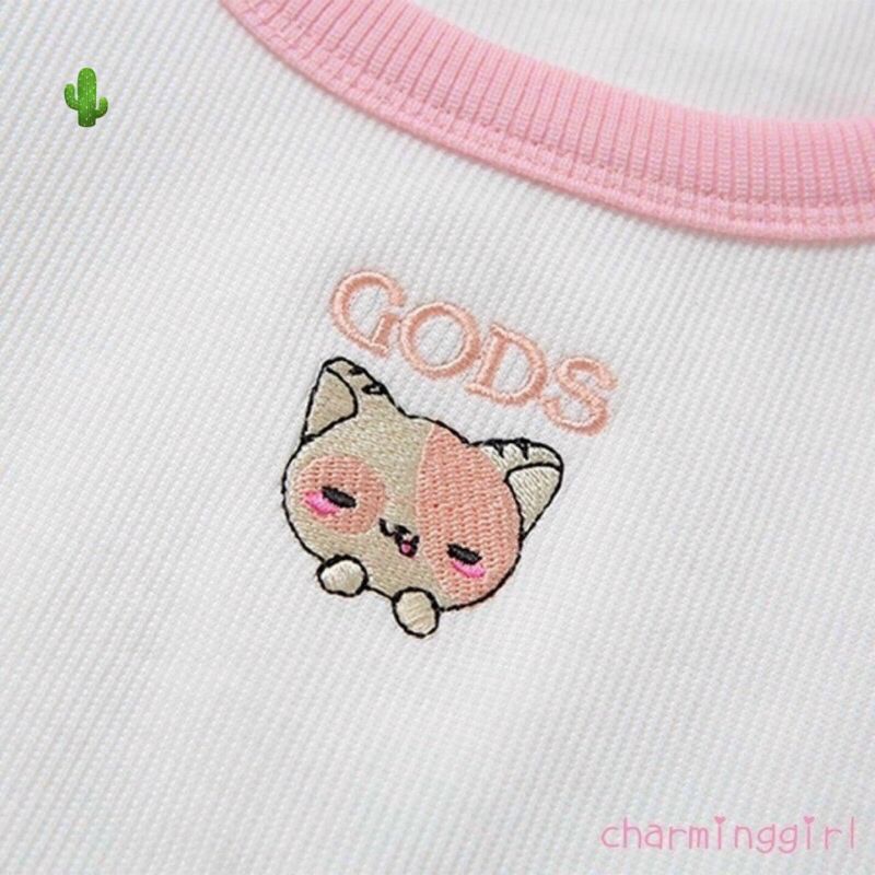 Áo CROTOP thêu mèo viền hồng xinh ơi là xinh PC