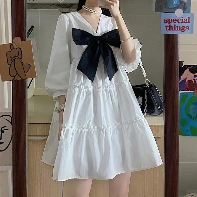 Váy Babydoll Nữ Dáng Xoè Cổ V Đính Nơ Đen  Đầm Nữ Trắng Tay Bồng Cổ Nơ Bèo Tầng Ulzzang