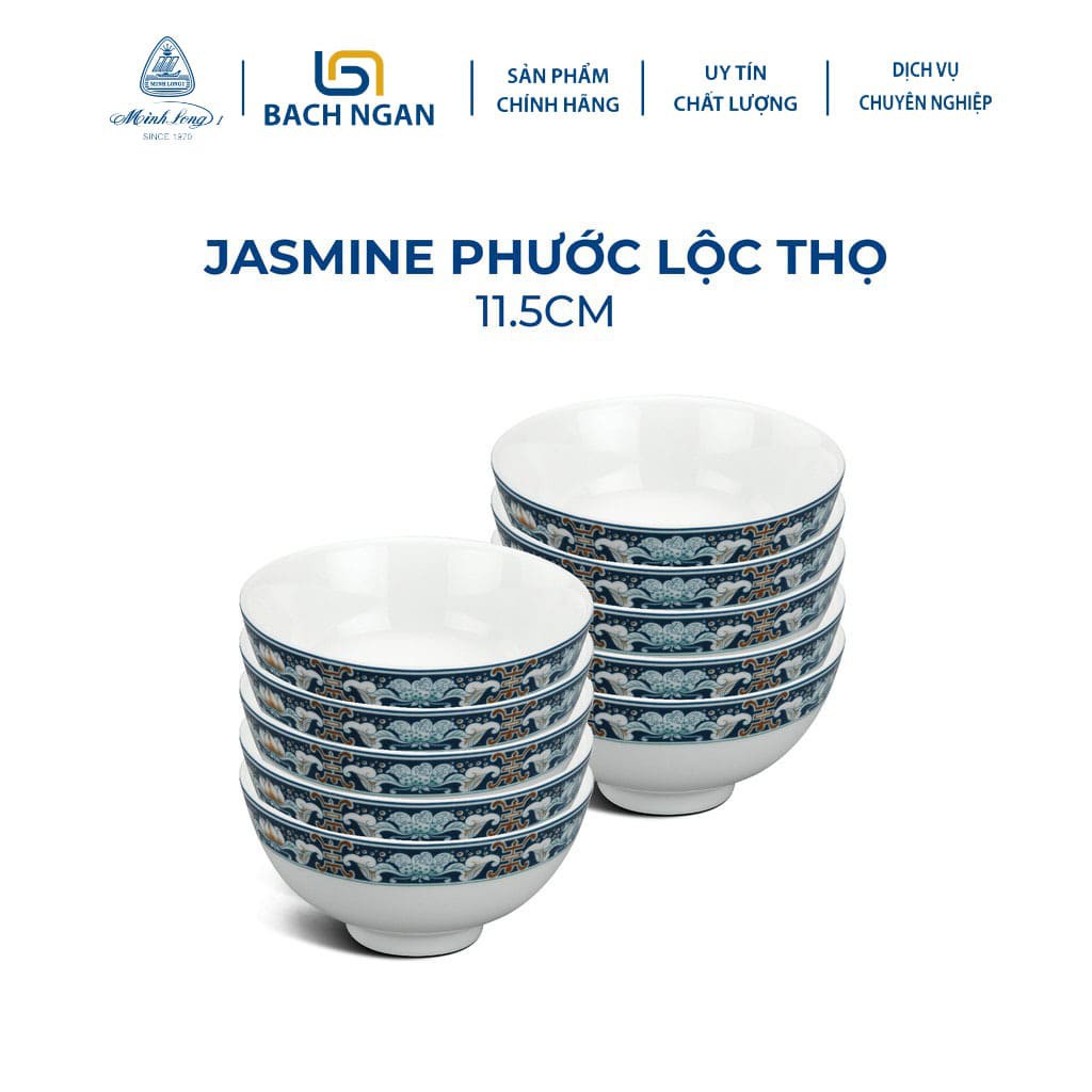 Bộ 10 Chén Ăn Cơm Minh Long 11.5cm - Jasmine Phước Lộc Thọ sứ cao cấp, đẹp, họa tiết cổ điển dùng gia đình, tặng quà