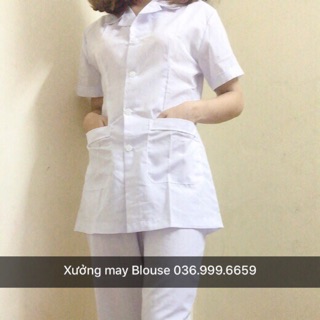 Áo Blouse trắng dáng ngắn qua hông cho dược sĩ, điều dưỡng, y tá, thẩm mỹ viện cộc tay