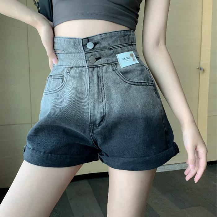 Jiashucheng Hàng Có Sẵn Quần Short Denim Ngắn Ống Rộng Hai Màu Xám Đen