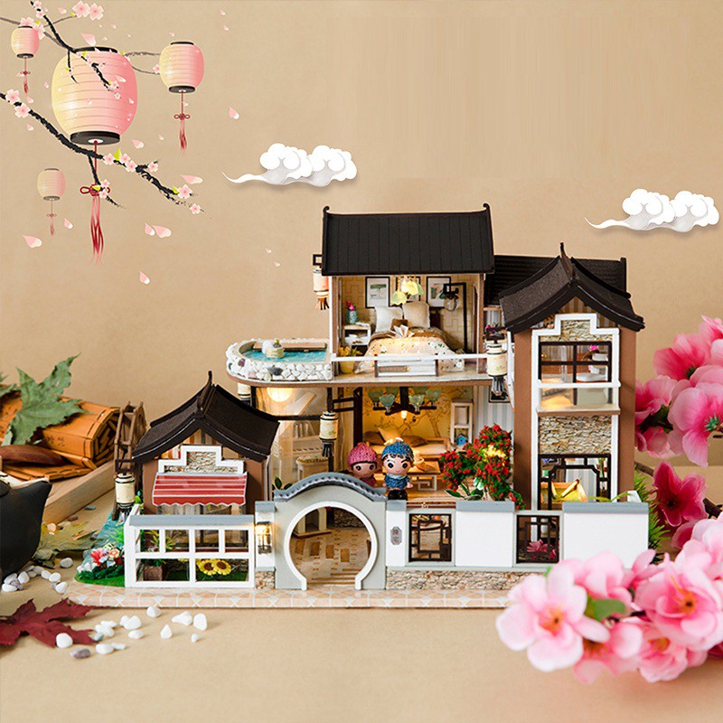 Mô hình nhà DIY Doll House Dream in Ancient Town Kèm Mica Chống bụi, Bộ dụng cụ, Keo dán và Bộ phát nhạc