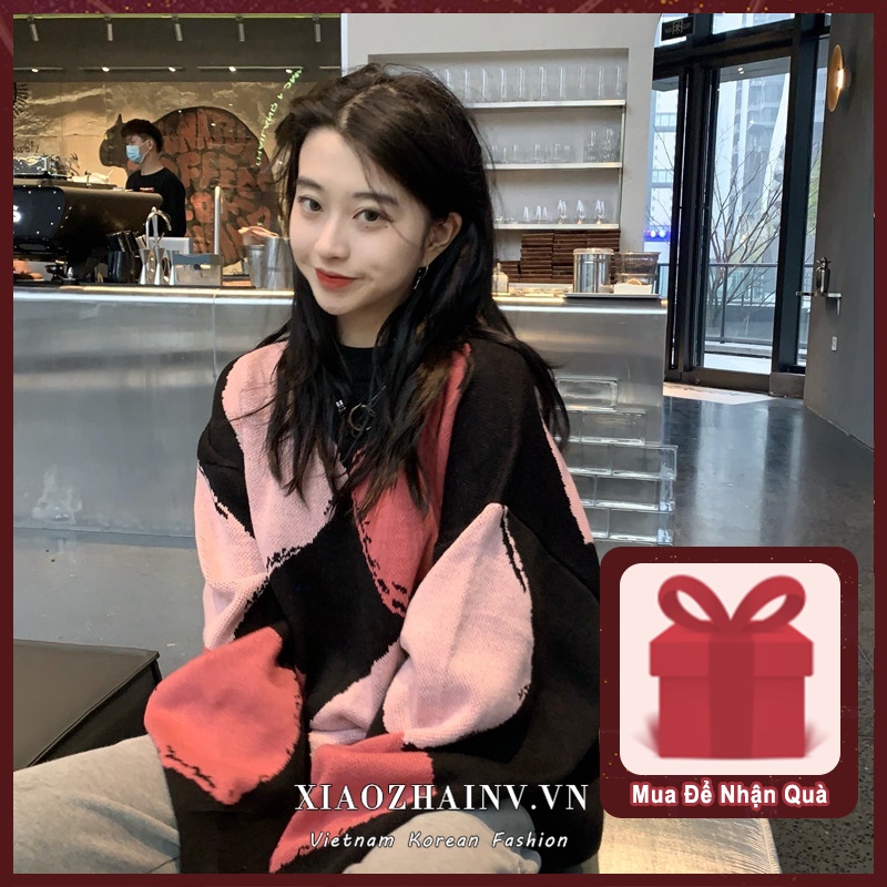 Xiaozhainv Áo sweater tay dài dáng rộng họa tiết caro phong cách hoài cổ Hàn Quốc thanh lịch cho nữ có 2 màu tùy chọn | BigBuy360 - bigbuy360.vn